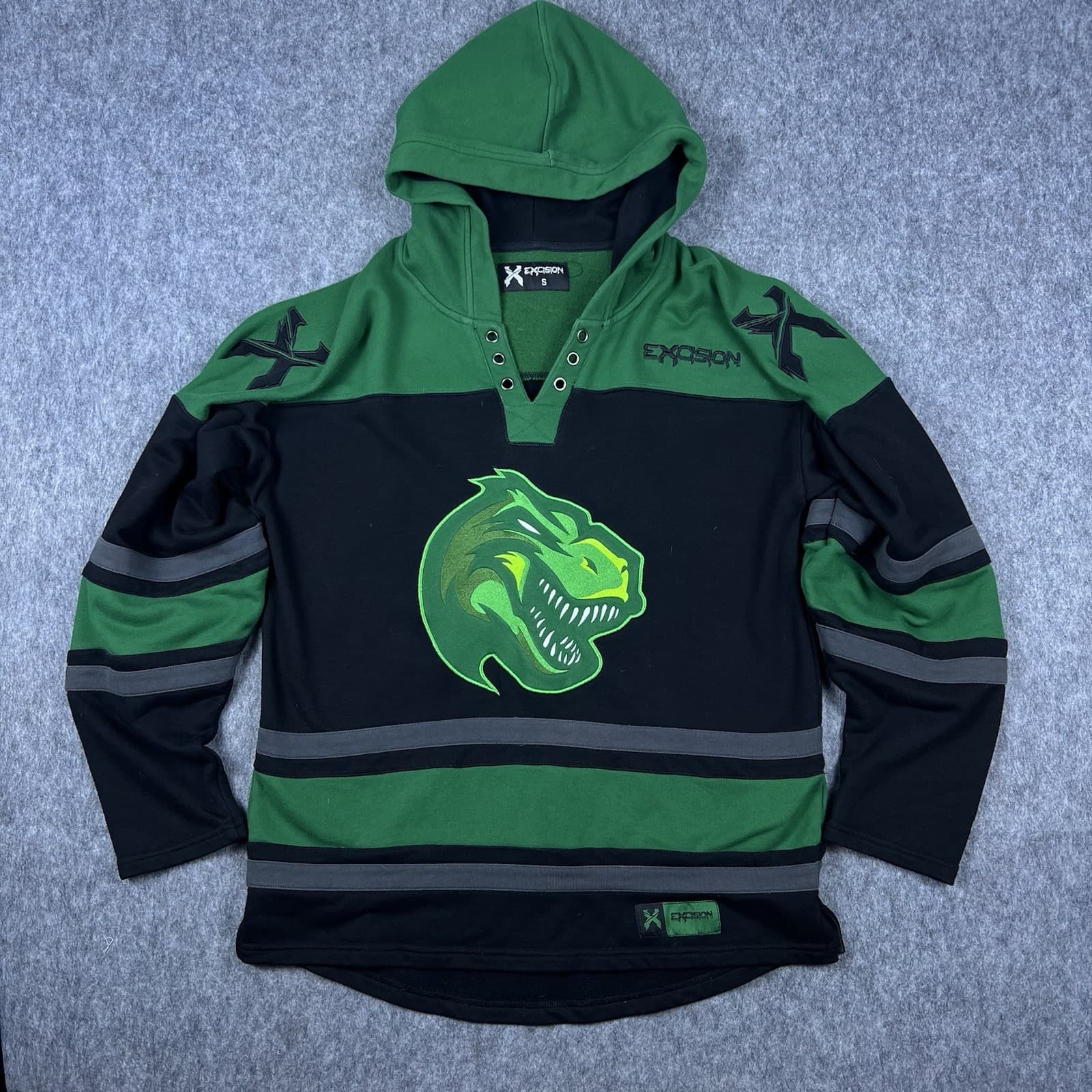 Lost Lands Men's Hockey Jersey Hoodie Green Black Dinosaur Lacer