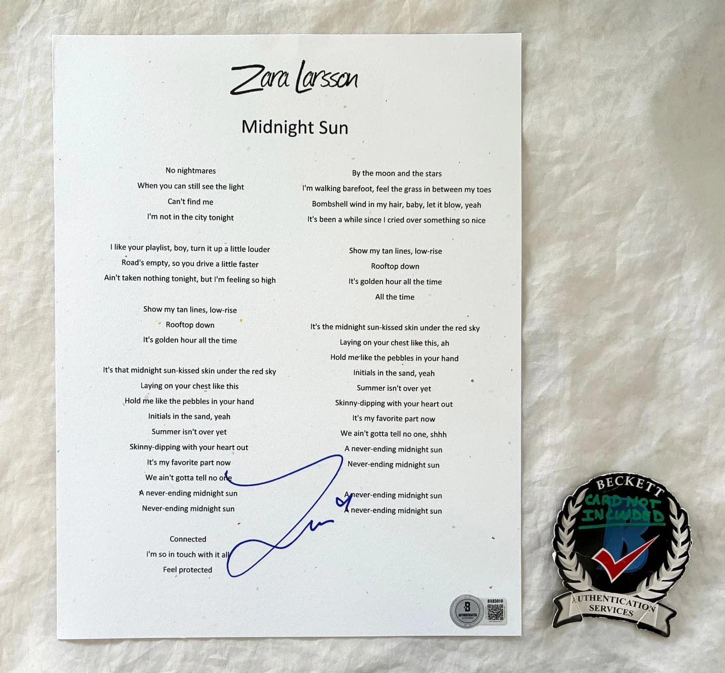 Signed Midnight Sun Lyric Sheet