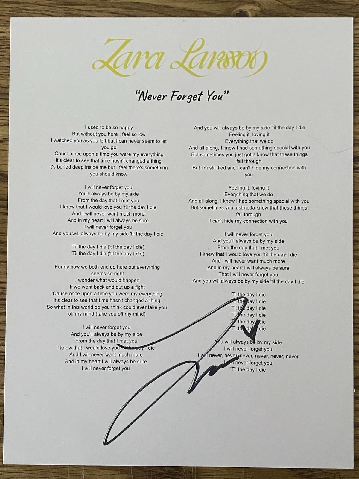 Lyric Sheet 'Never Forget You' Pop And Dance Singer