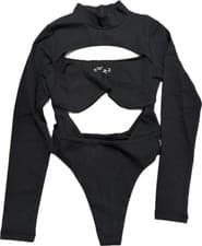 Long Sleeve High Neck Cut Built-In Bralette Bodysuit Black