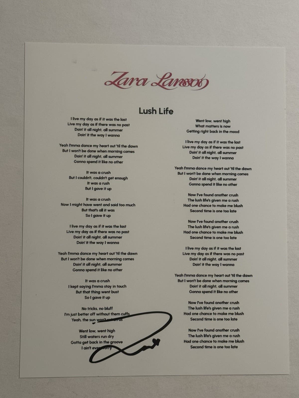 8x10 Lyric Sheet Lush Life Pop Singer